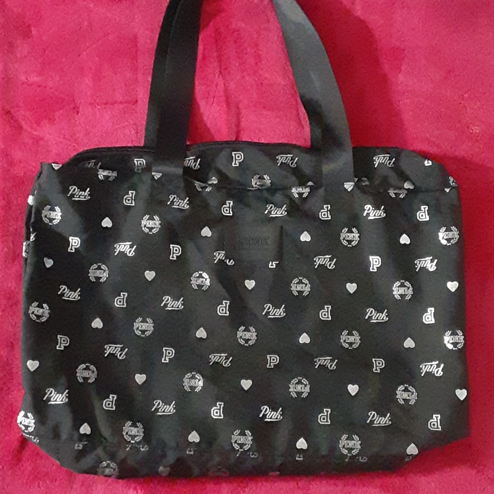 PINK black and silver logo tote bag